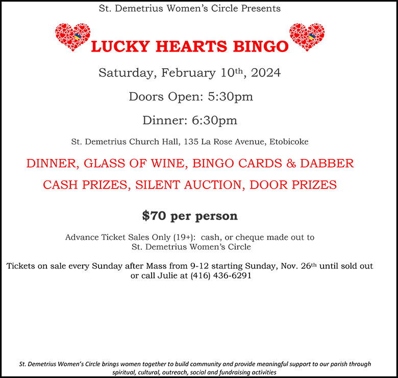Image of an advertisement for St. Demetrius Church’s 2024 Lucky Hearts Bingo.