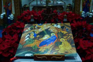 Image of a nativity icon presented at the front of St. Demetrius Church (Christmas Day 2023).